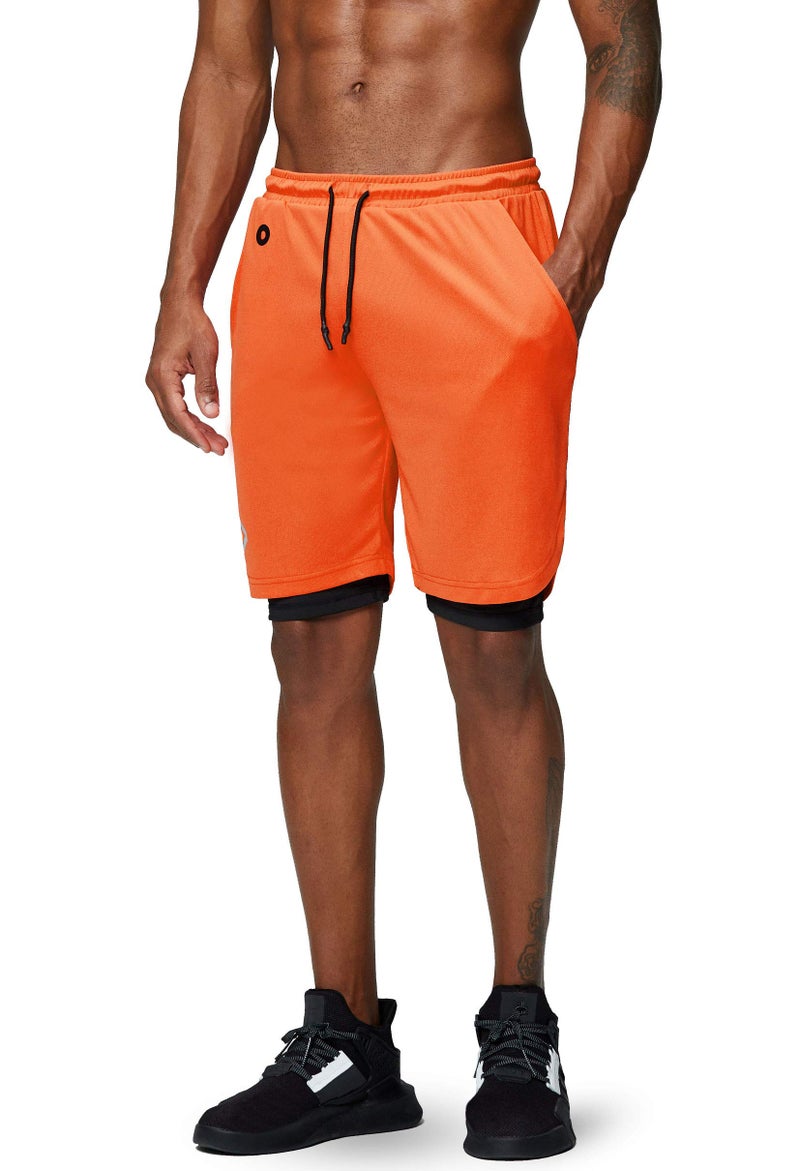 Pinkbomb Men's 2 in 1 Running Shorts Gym Workout Quick Dry Mens Shorts with Phone Pocket (Orange, Large - Image 3